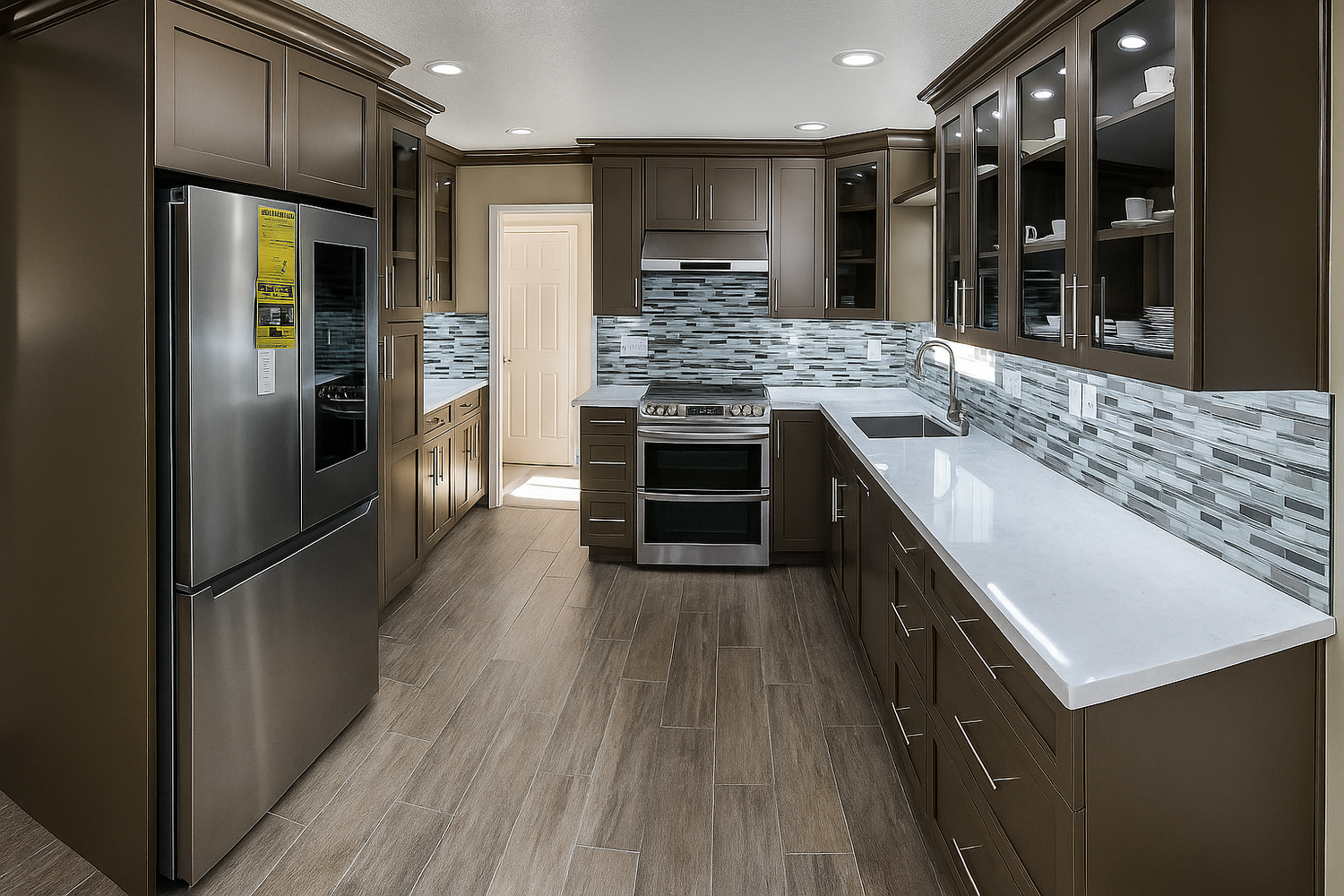 Kitchen remodel with dark shaker cabinets, mosaic tile backsplash, and double oven
